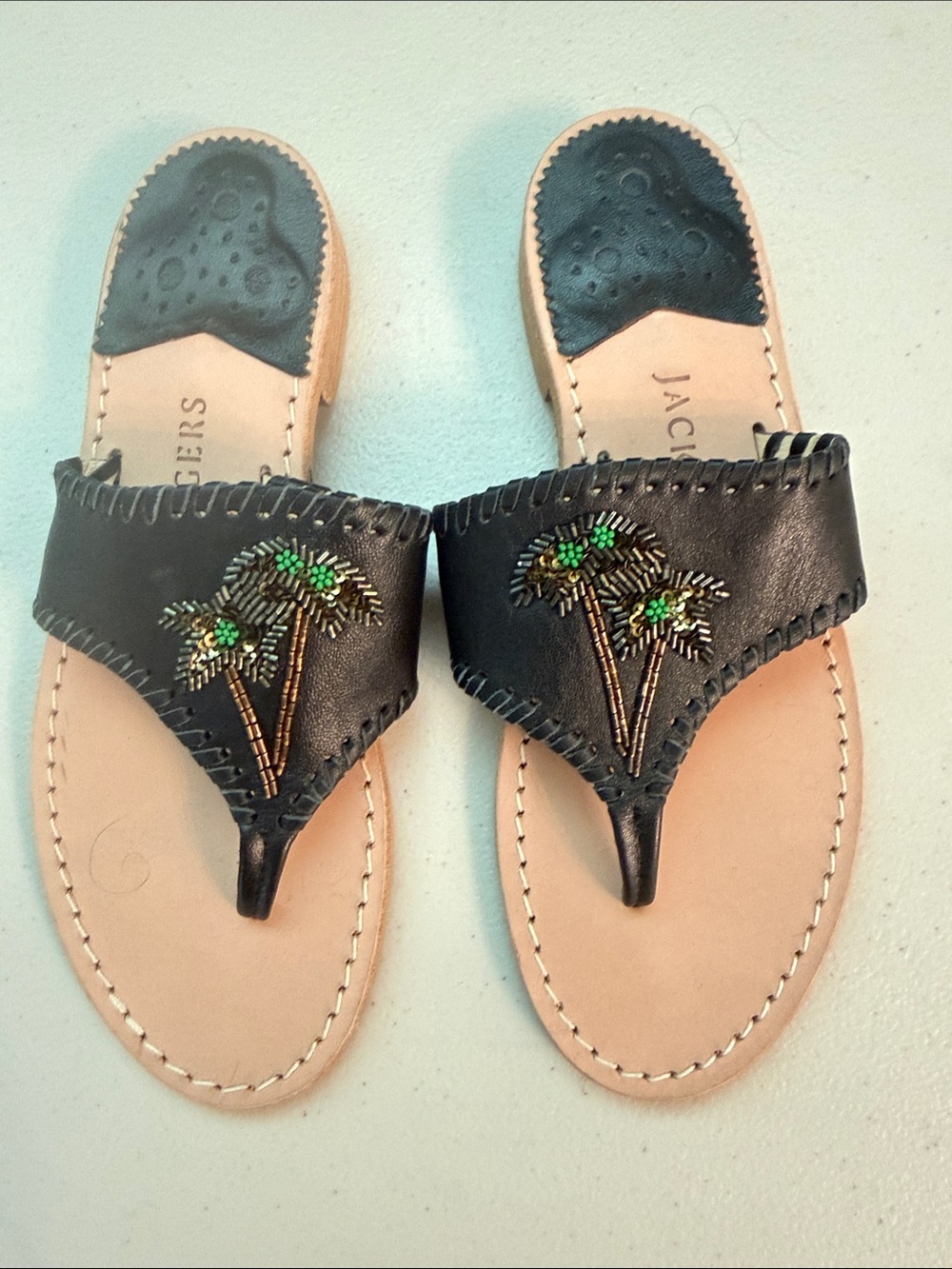 Jack Rogers Black Leather Palm Tree Beaded Thong Sandals wooden heel 7 1/2
